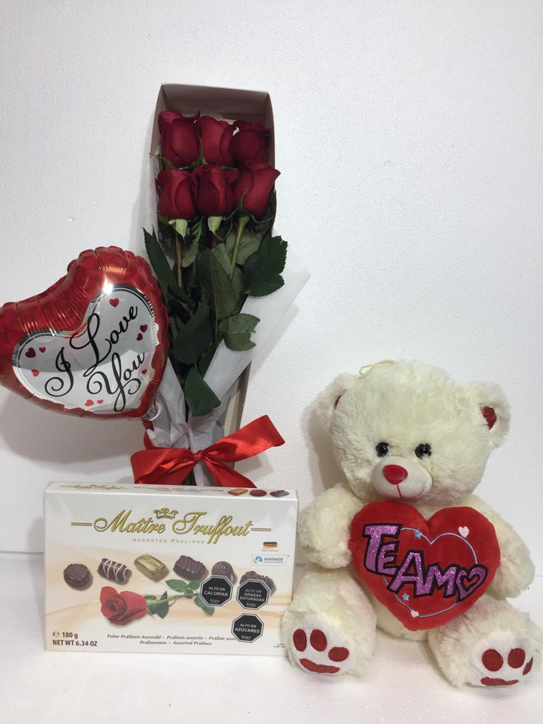 Caja con 6 Rosas ms Bombones de 165 Grs, Peluche con corazn 30cm y Globito